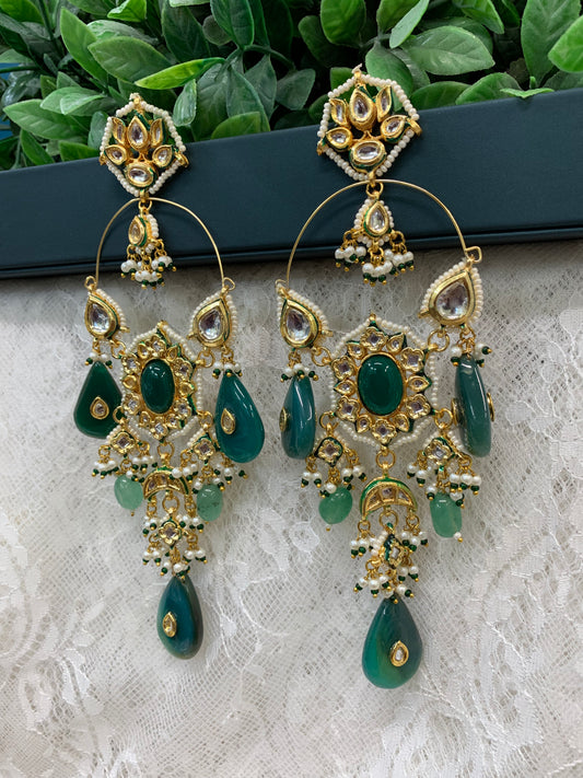Phool Kundan chandbali earring emerald green