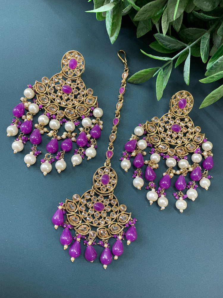 Afra tikka set polki earring tikka purple