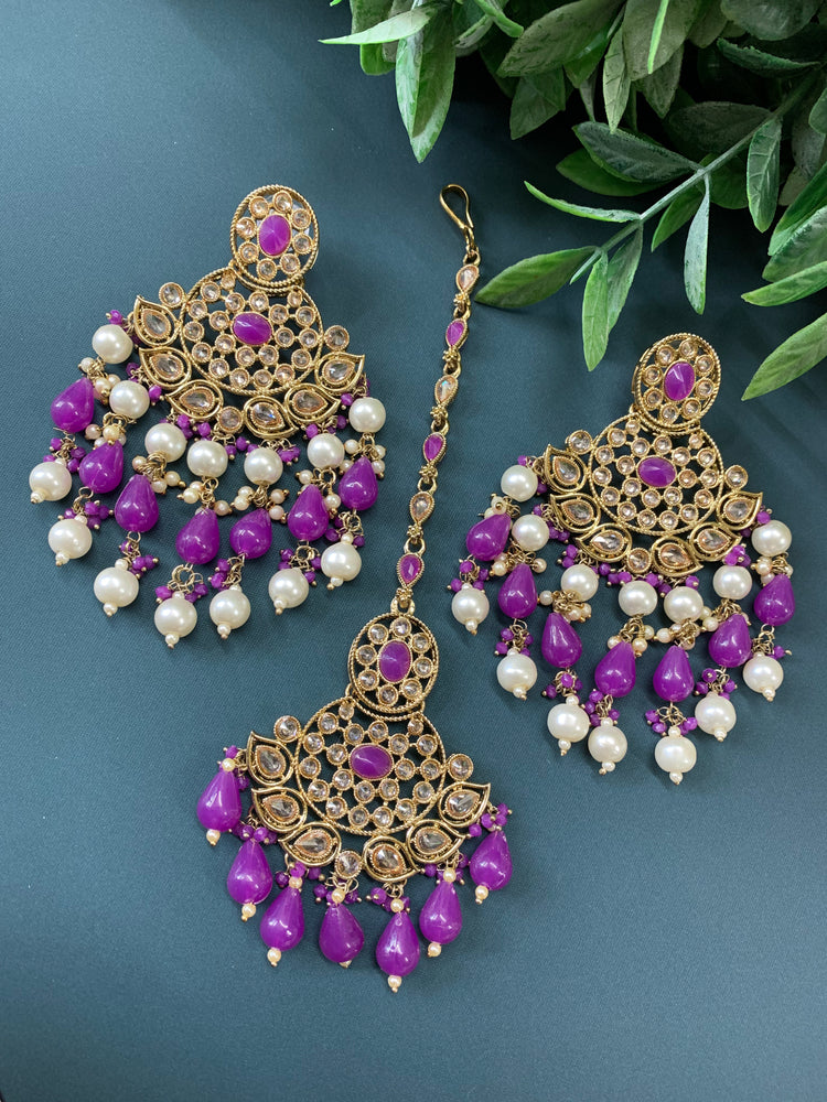 Afra tikka set polki earring tikka purple