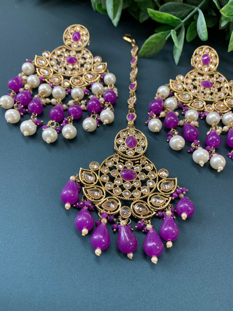 Afra tikka set polki earring tikka purple