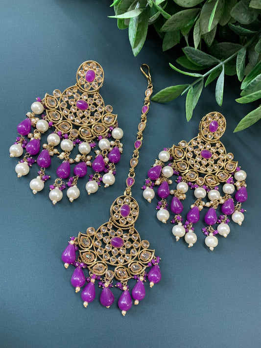 Afra tikka set polki earring tikka purple