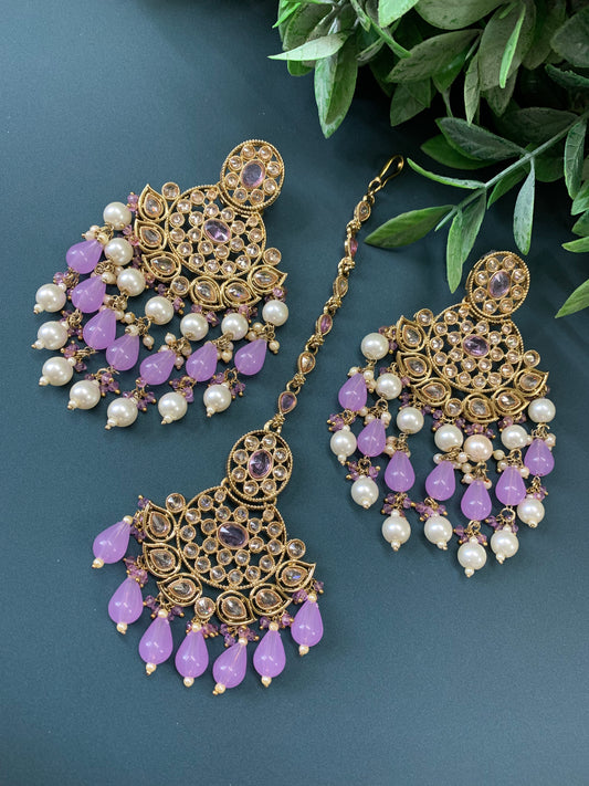 Afra tikka set polki earring tikka lavender / lilac