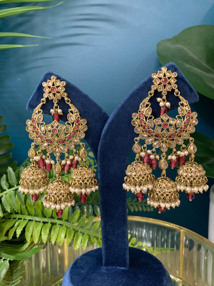 Naina polki triple jhumki earring cheery red/ transparent red