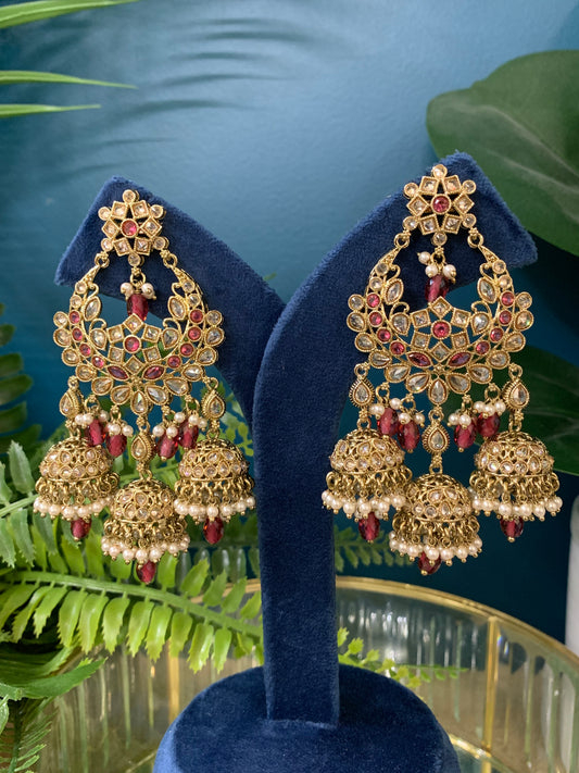 Naina polki triple jhumki earring cheery red/ transparent red