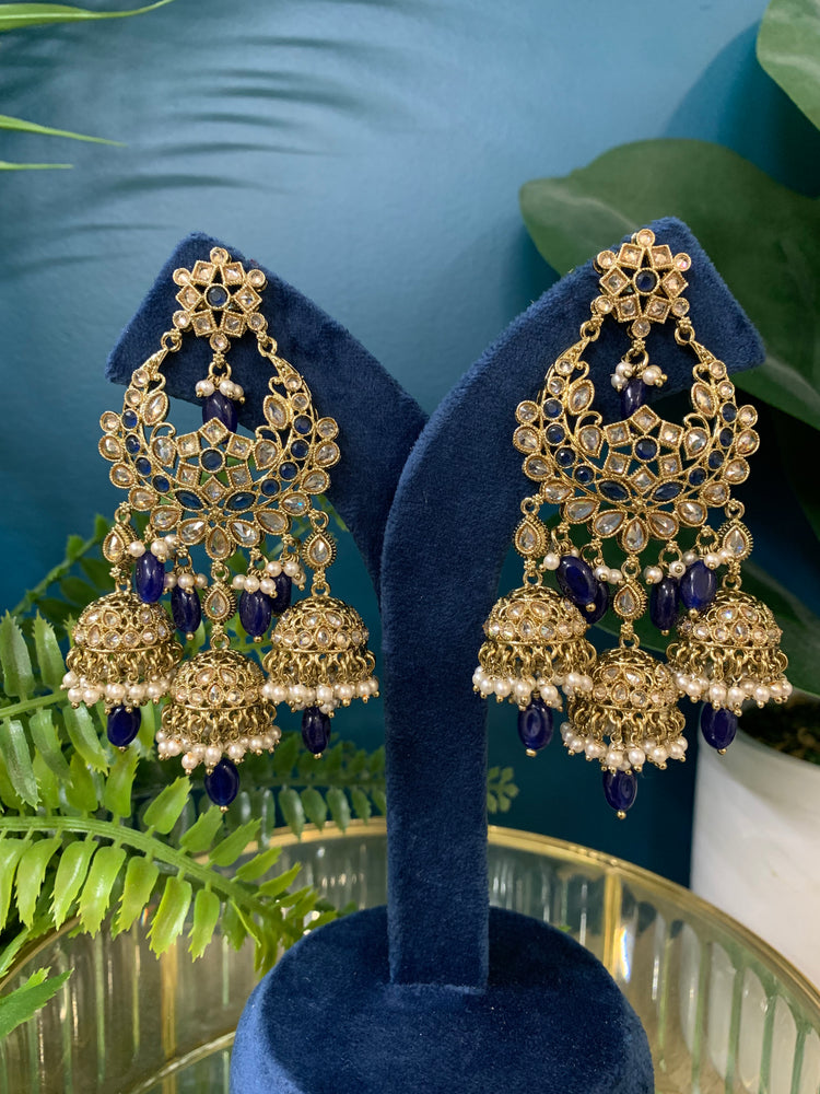 Naina polki triple jhumki earring in navy blue