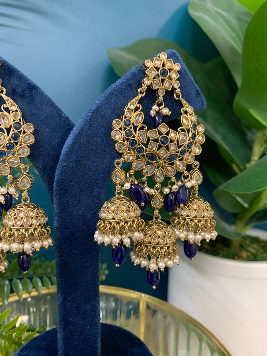 Naina polki triple jhumki earring in navy blue