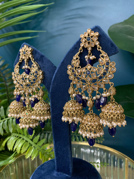 Naina polki triple jhumki earring in navy blue