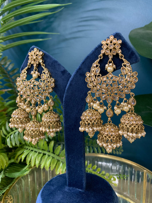 Naina polki triple jhumki earring in antique gold/pearl