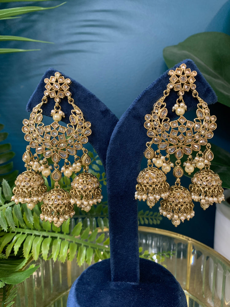 Naina polki triple jhumki earring in antique gold/pearl