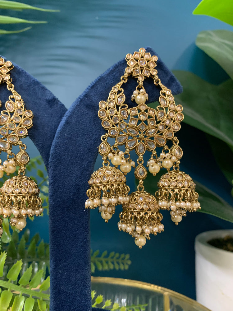 Naina polki triple jhumki earring in antique gold/pearl