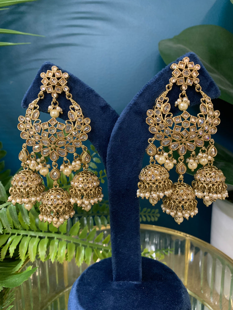 Naina polki triple jhumki earring in antique gold/pearl