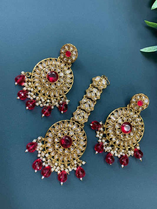 Aayrah kundan earring tikka set cherry red