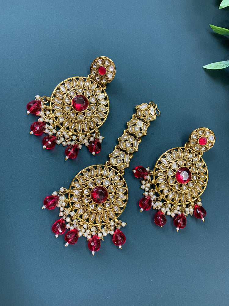 Aayrah kundan earring tikka set cherry red