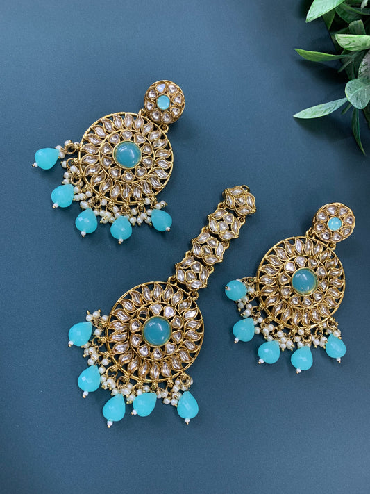 Aayrah kundan earring tikka set phirozi blue