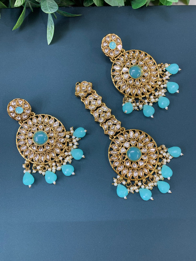 Aayrah kundan earring tikka set phirozi blue