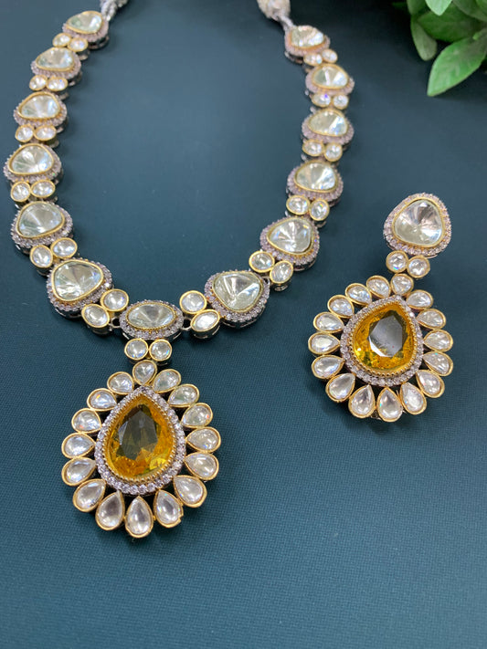 Laali moissanite kundan necklace yellow doublet center