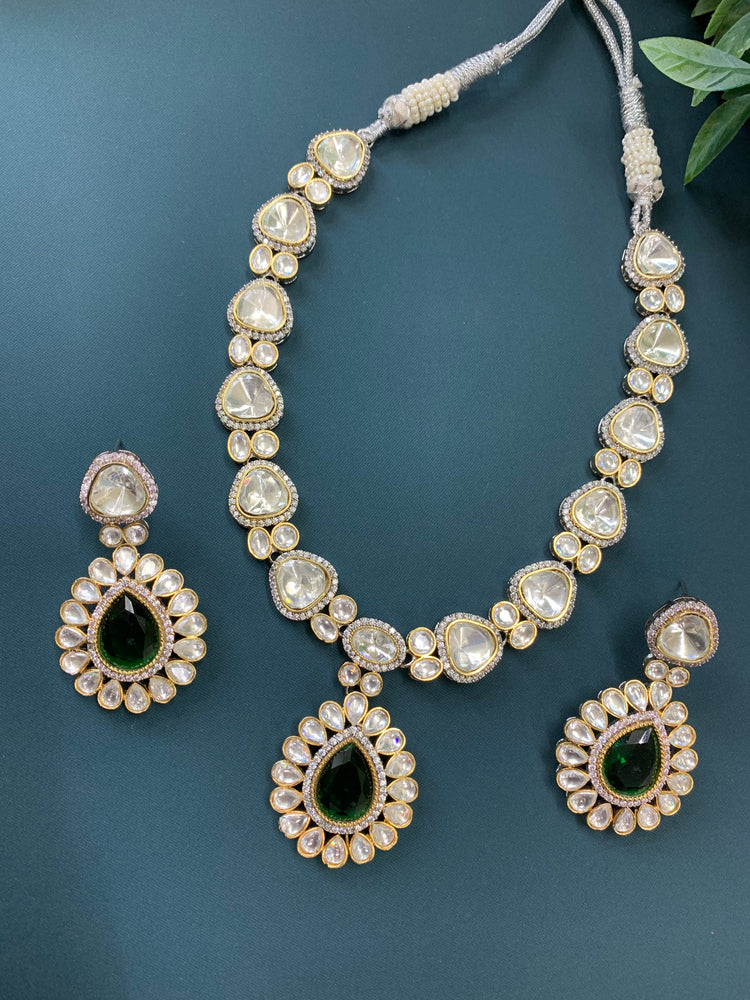 Laali moissanite kundan necklace emerald green doublet center