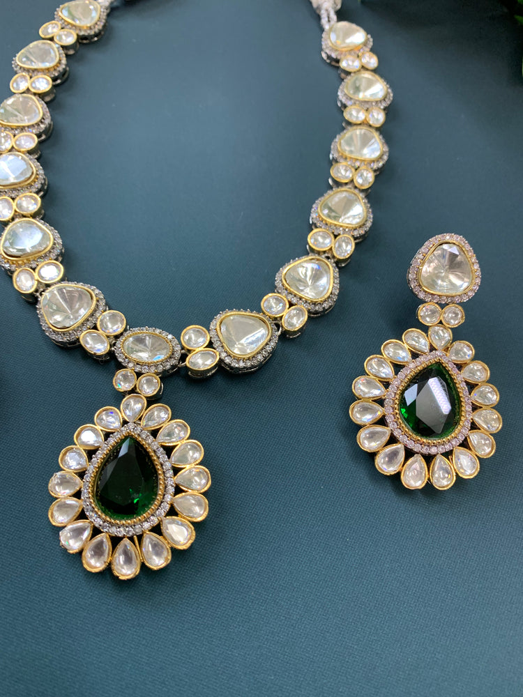 Laali moissanite kundan necklace emerald green doublet center