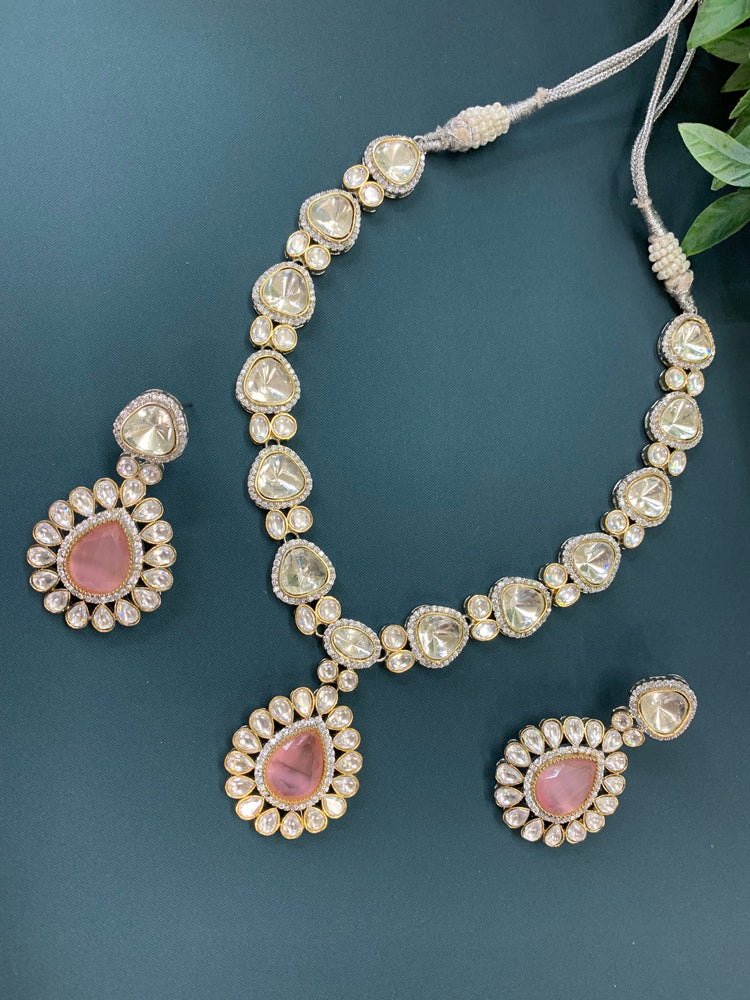 Laali moissanite kundan necklace pink doublet center