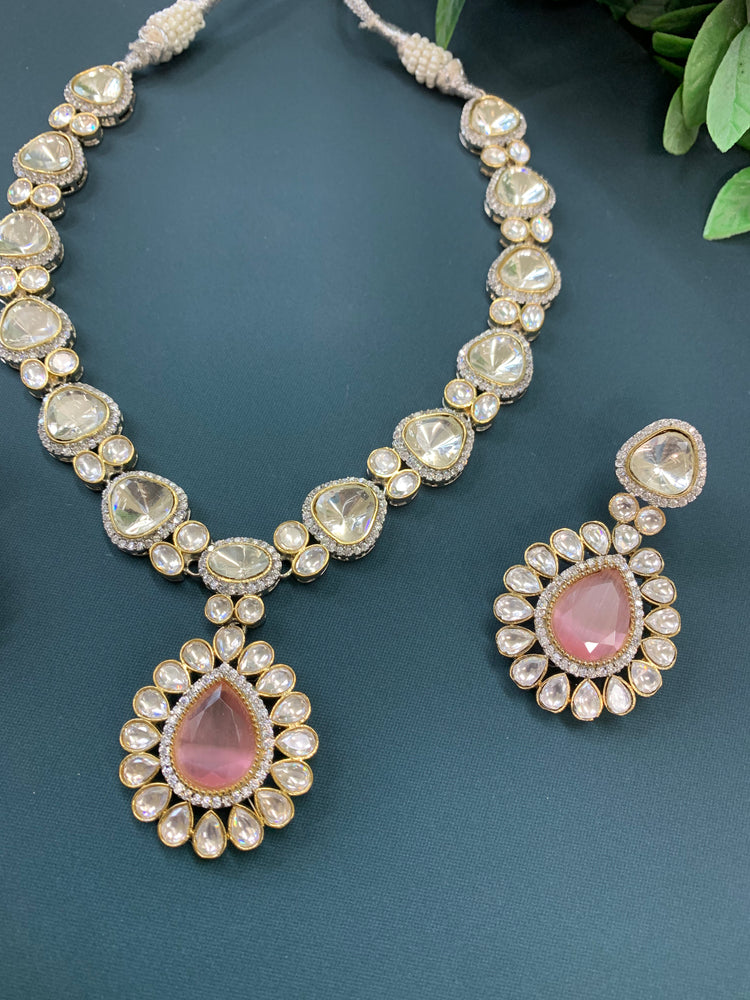 Laali moissanite kundan necklace pink doublet center