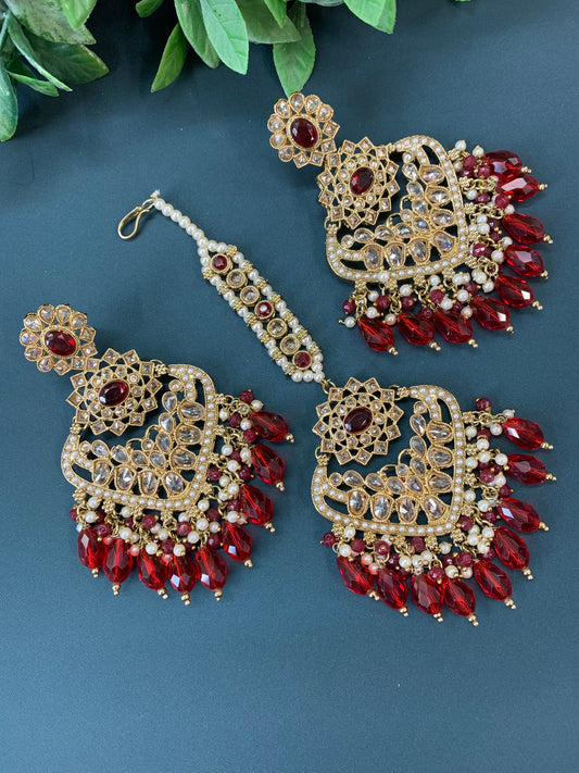 Trisha tikka set polki earring tikka blood red