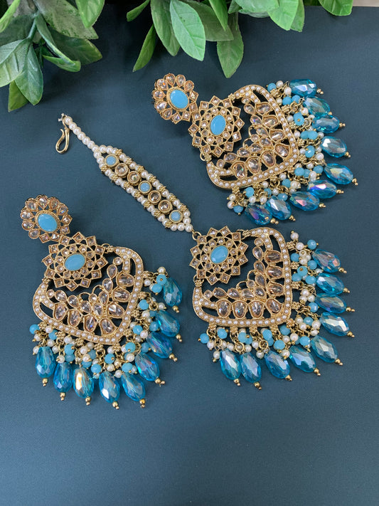 Trisha tikka set polki earring tikka baby blue