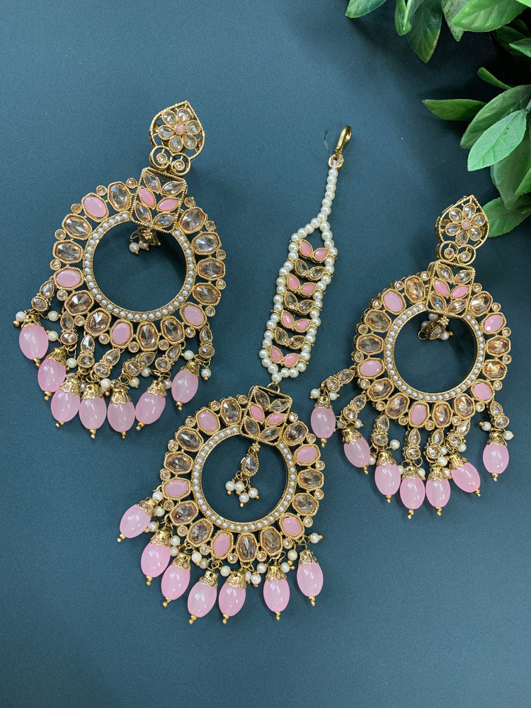 Poppy tikka set polki earring tikka pink