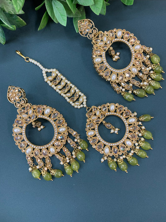 Poppy tikka set polki earring olive/ mahendi