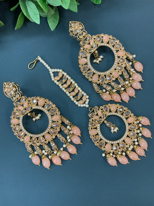 Poppy tikka set polki earring peach