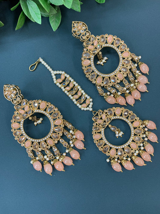 Poppy tikka set polki earring peach