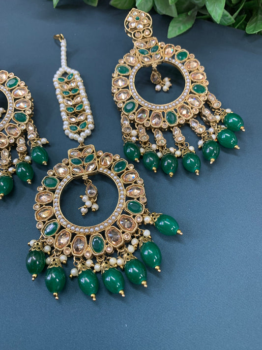 Poppy tikka set polki earring emerald green