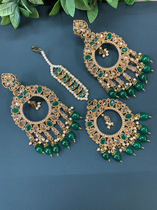 Poppy tikka set polki earring emerald green