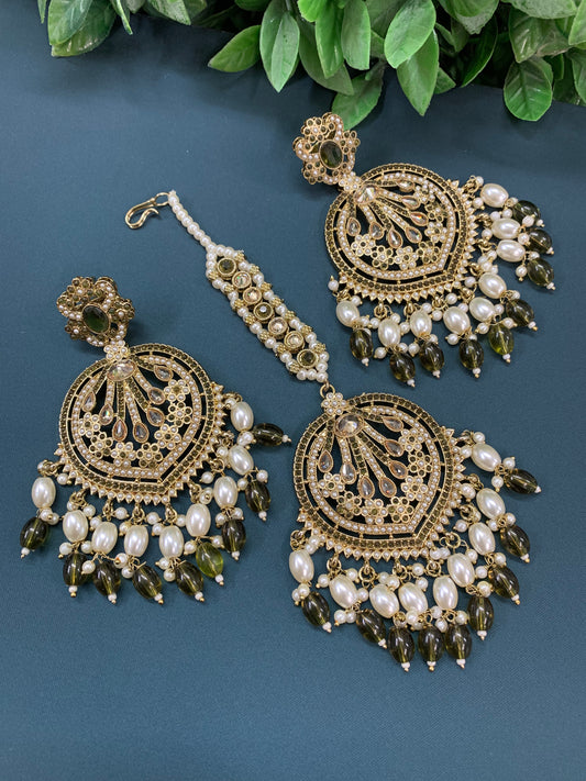 Chaitali tikka set polki earring tikka set Pakistani style olive/mahendi green