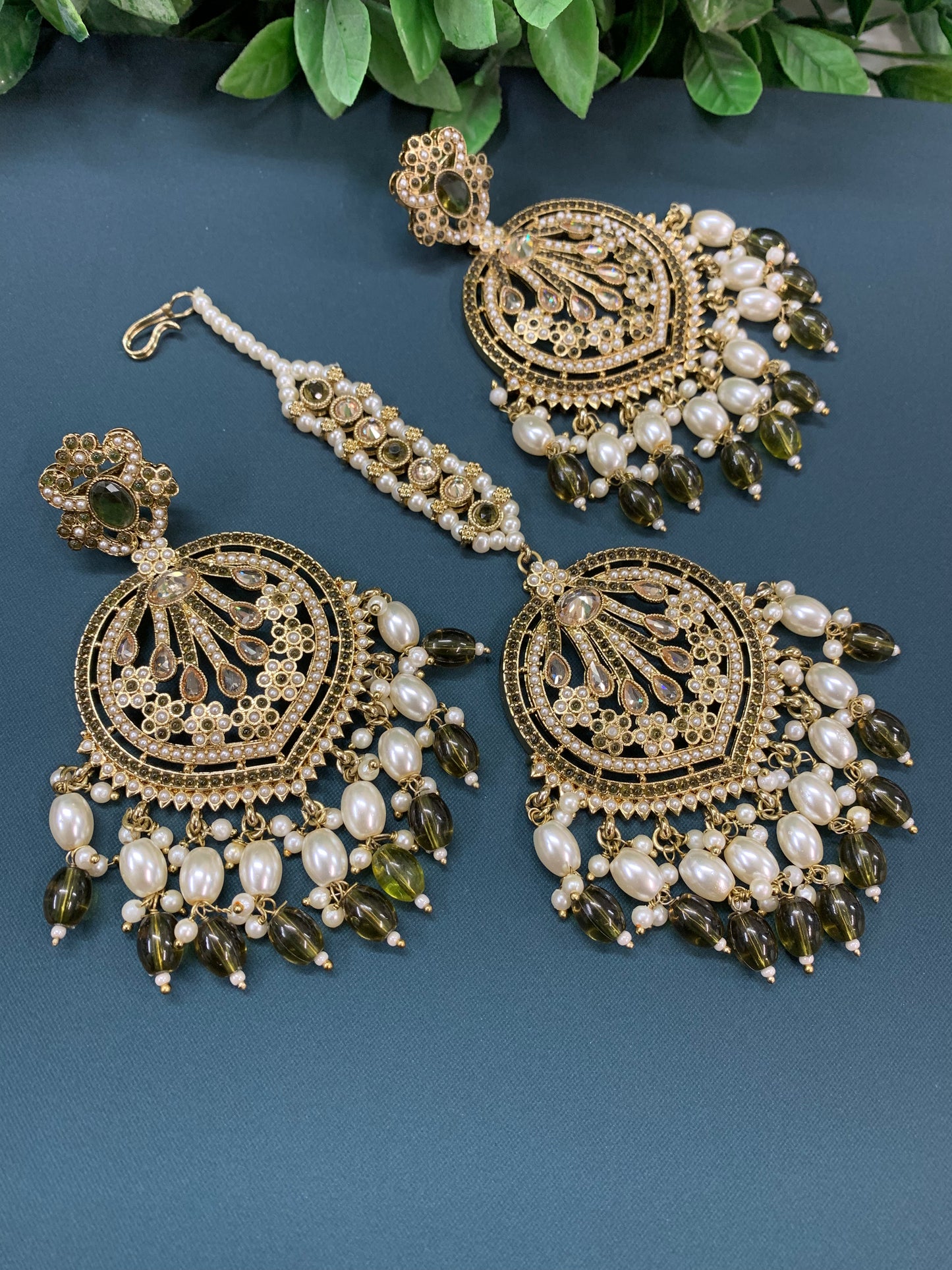 Chaitali tikka set polki earring tikka set Pakistani style olive/mahendi green