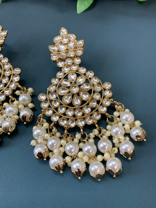 Katie kundan fashion chandbali style earring set pearl white