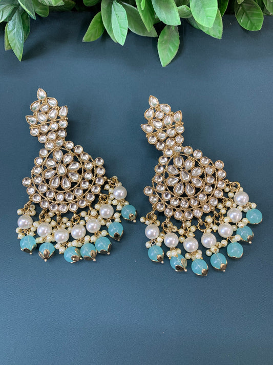 Katie kundan fashion chandbali style earring set light blue