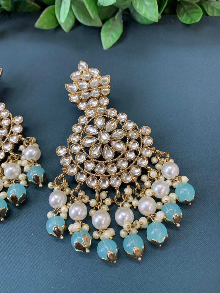 Katie kundan fashion chandbali style earring set light blue