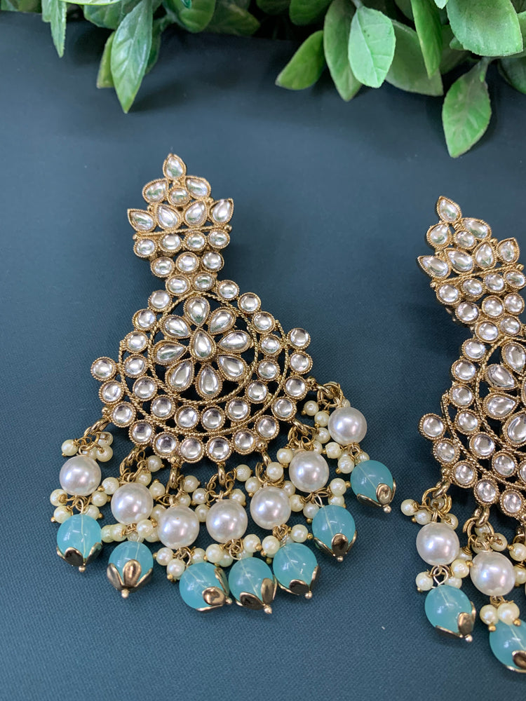 Katie kundan fashion chandbali style earring set light blue