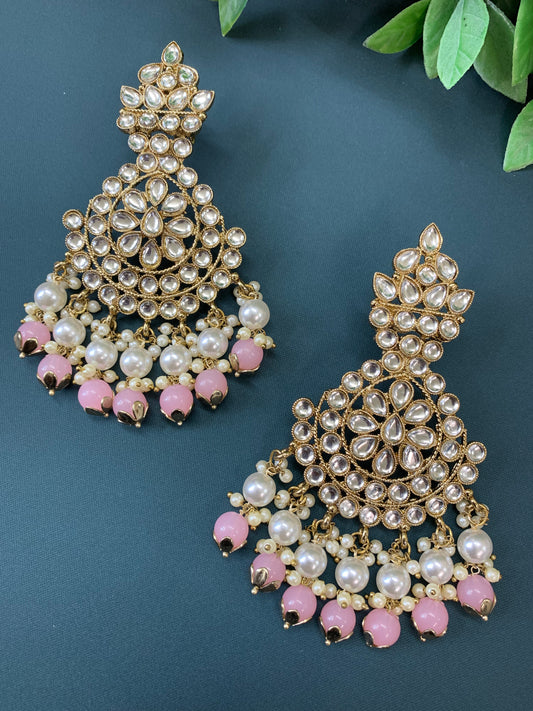 Katie kundan fashion chandbali style earring set pink