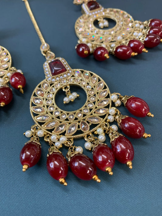 Alira tikka set polki earring tikka set maroon burgundy