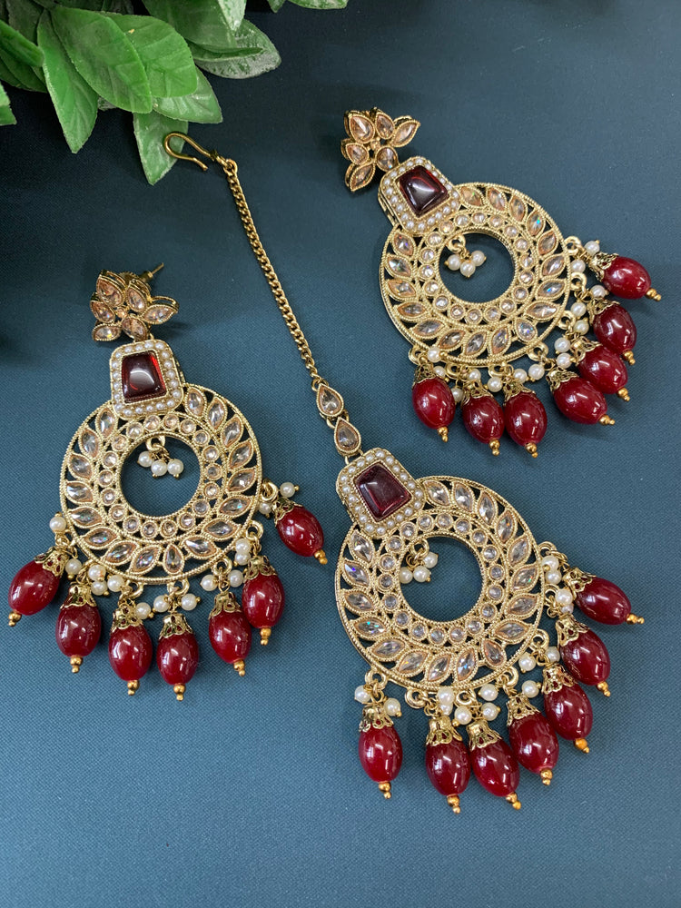 Alira tikka set polki earring tikka set maroon/ burgundy