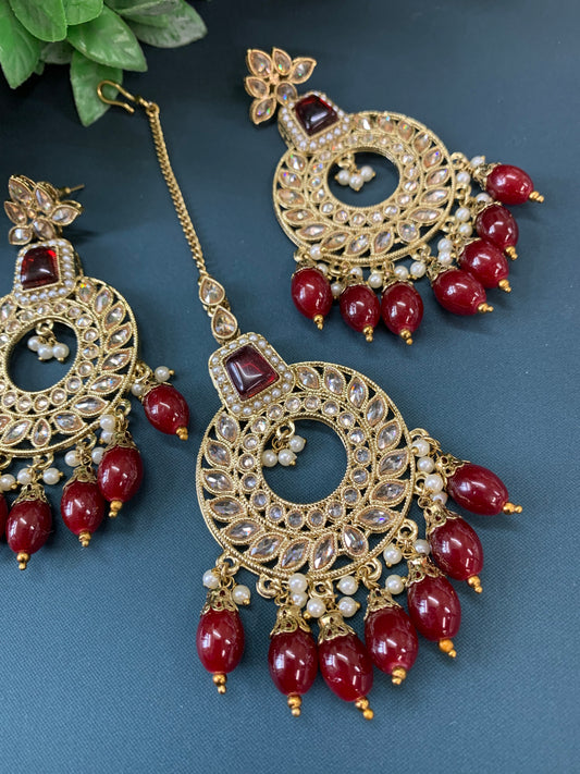 Alira tikka set polki earring tikka set maroon/ burgundy