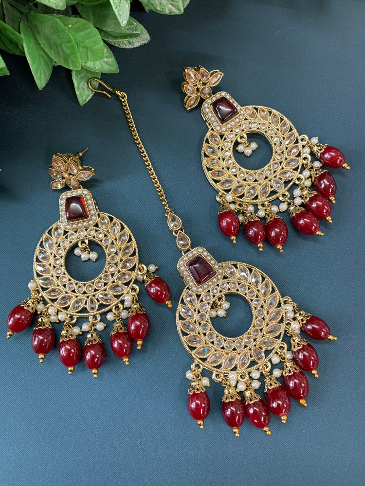 Alira tikka set polki earring tikka set maroon/ burgundy