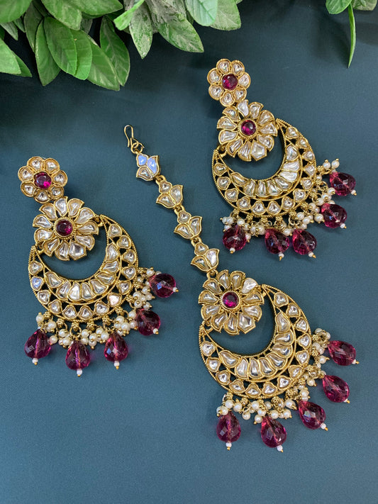 Manjot  kundan earring tikka set purple