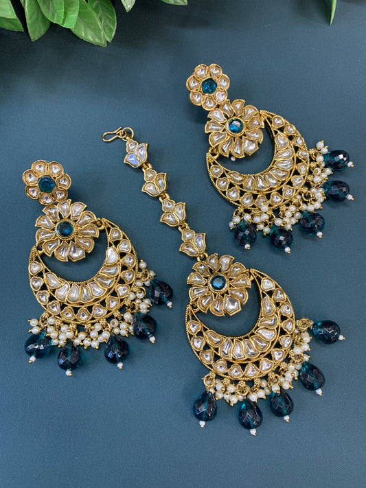 Manjot kundan earring tikka set peacock / teal