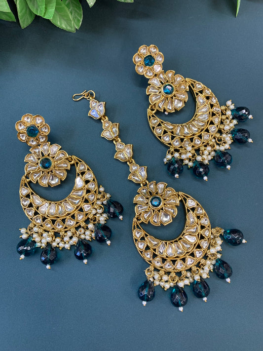 Manjot kundan earring tikka set peacock / teal