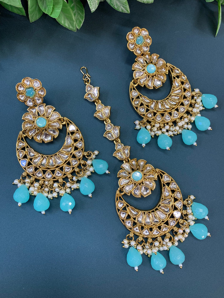 Manjot kundan earring tikka set light blue