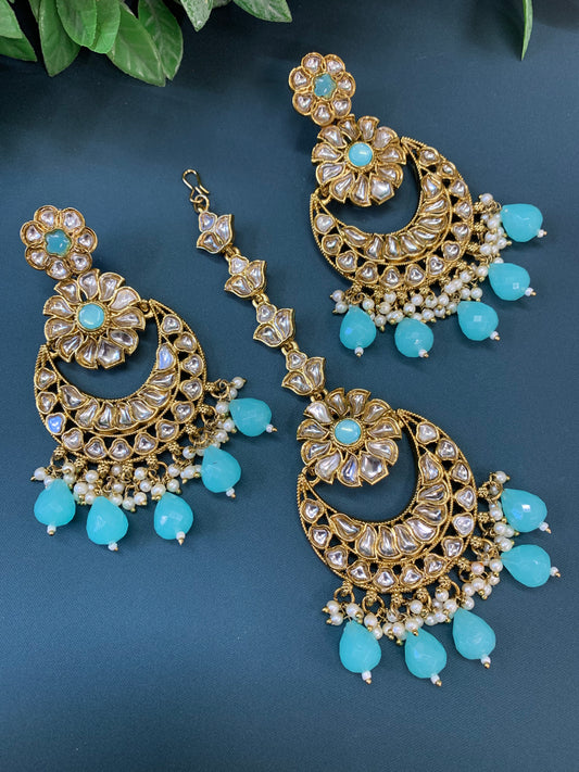 Manjot kundan earring tikka set light blue