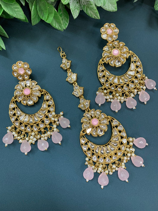 Manjot kundan earring tikka set blush pink