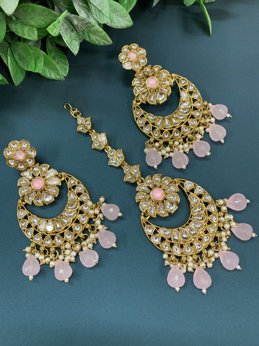 Manjot kundan earring tikka set blush pink